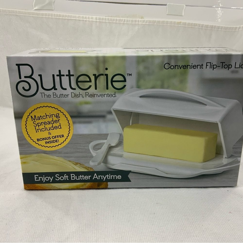 Butterie White Butter Dish and White Spreader Like New  Used 1 Wk. No Box